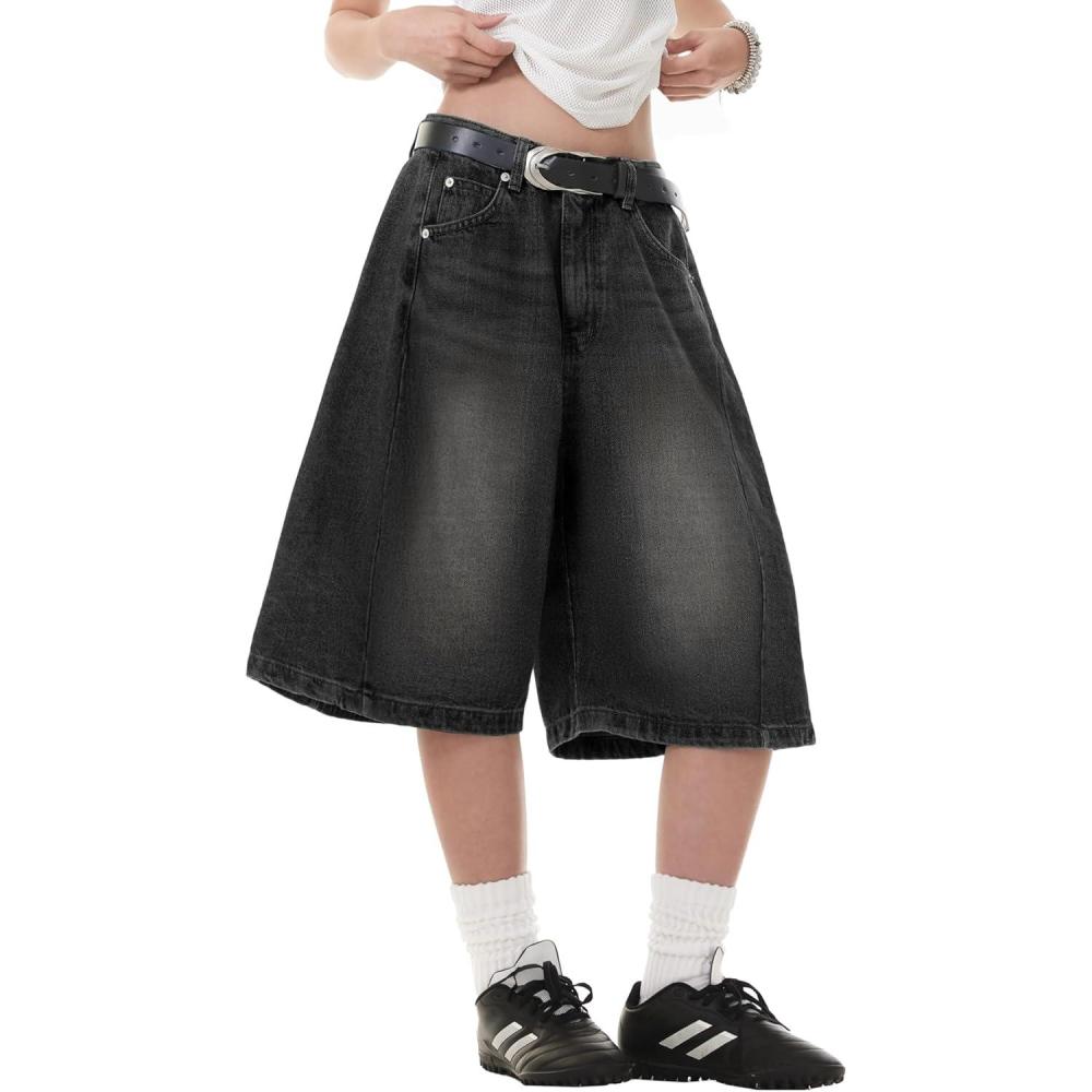 image:imageEMMIOL Jorts for Women Baggy Jeans Shorts Y2K Wide Leg Denim Shorts Grunge StreetwearBlack