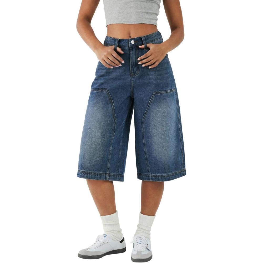 image:imageEMMIOL Women Baggy Jorts Y2k Wide Leg Denim Shorts Casual Knee Length Jean Jorts with Pockets 2026 Trendy StreetwearDark Blue
