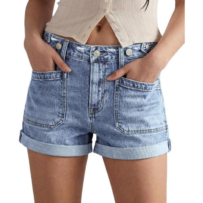 image:imageEMMIOL Women Jeans Shorts Summer Mid Rise Sexy Stretchy Denim Hot Pants with Adjustable Waist TrendyLight Blue