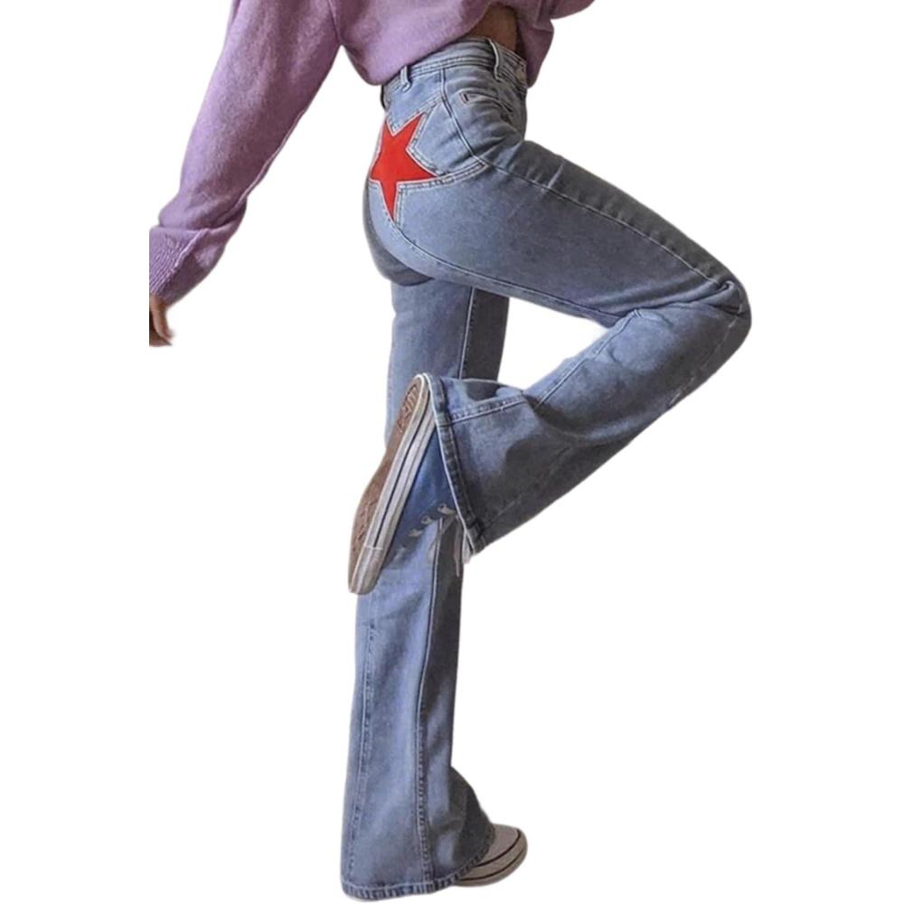 image:imageEMMIOL Womens High Waisted Flare Jeans with Star Patches Vintage Y2K Denim Pants Light Blue