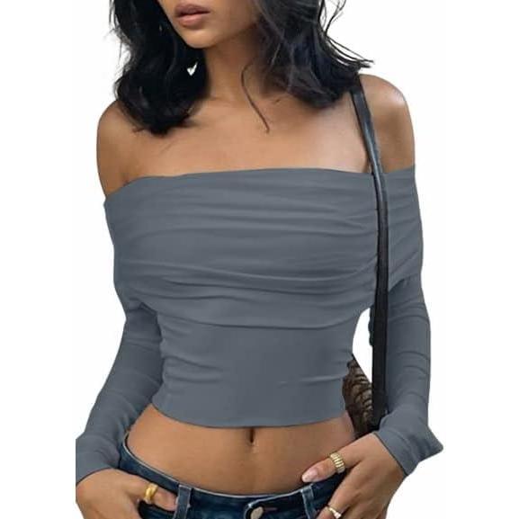 image:imageEMMIOL Y2K Clothing Women Off Shoulder Bodycon Shirts for Women Summer Long Sleeve Crop Top Blouse