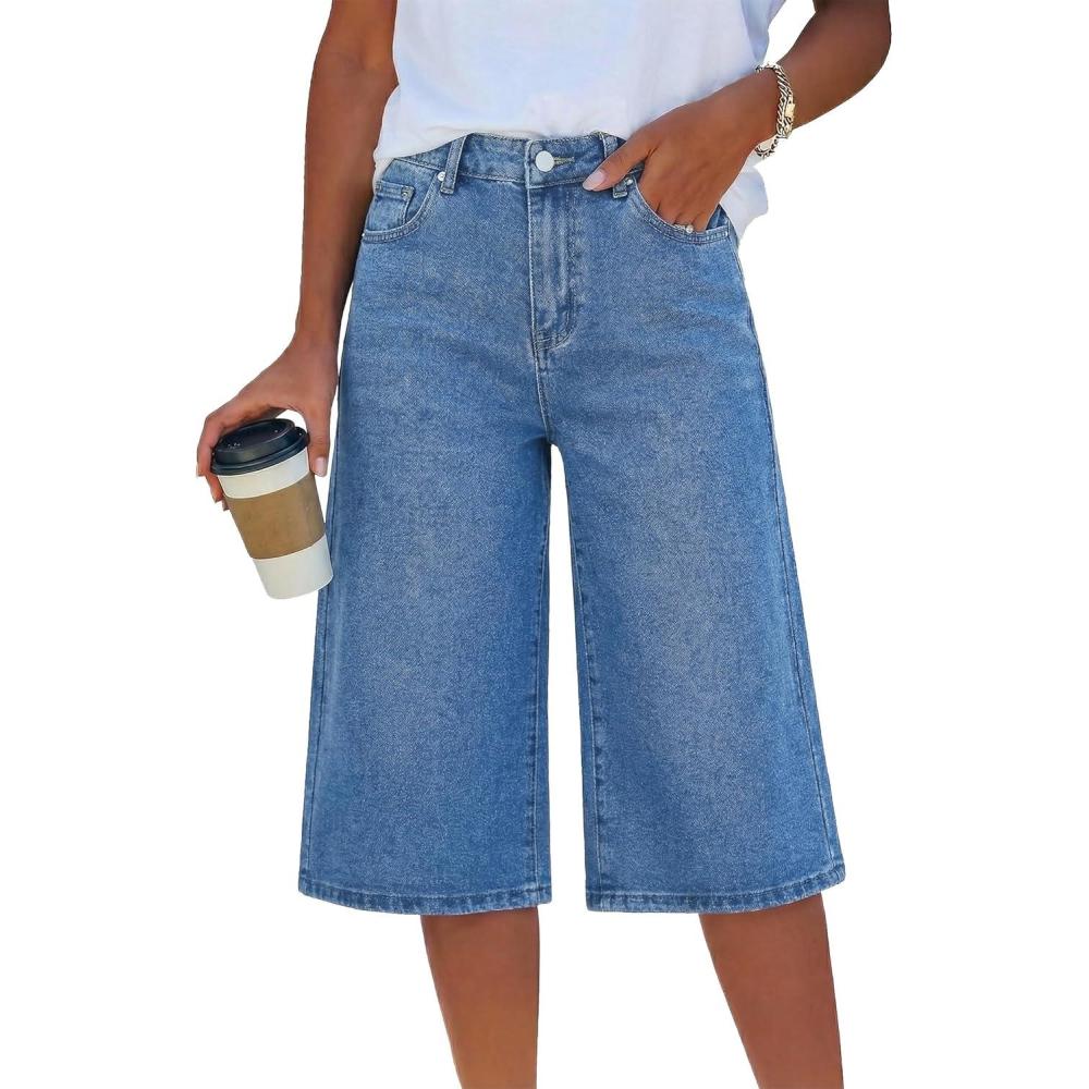 image:imageEmmiol Baggy Jean Jorts for Women  MidHigh Waisted Long Denim Shorts Y2k Wide Leg Pants with Pockets Casual Trendy ClothesLight Blue