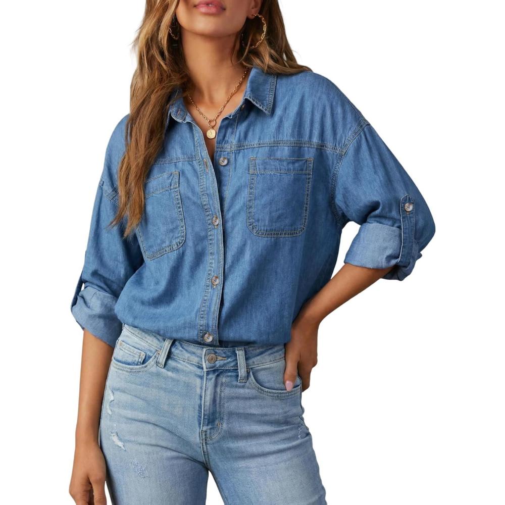 image:imageEmmiol Denim Button Down Shirt For Women  Long Sleeve Cotton Lightweight Shirts With Pockets Casual Work Jean Blouses TopsDark Blue