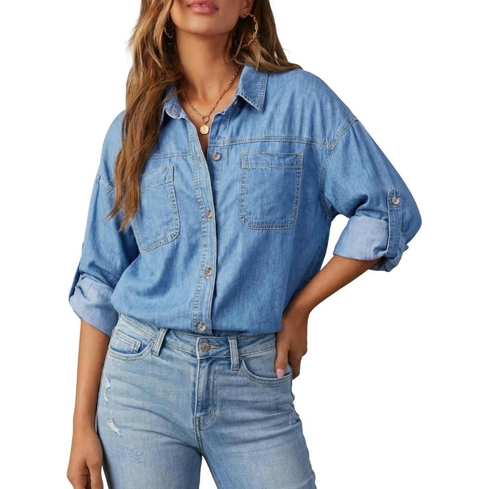 image:imageEmmiol Denim Button Down Shirt For Women Long Sleeve Cotton Lightweight Shirts With Pockets Casual Work Jean Blouses TopsMid Blue