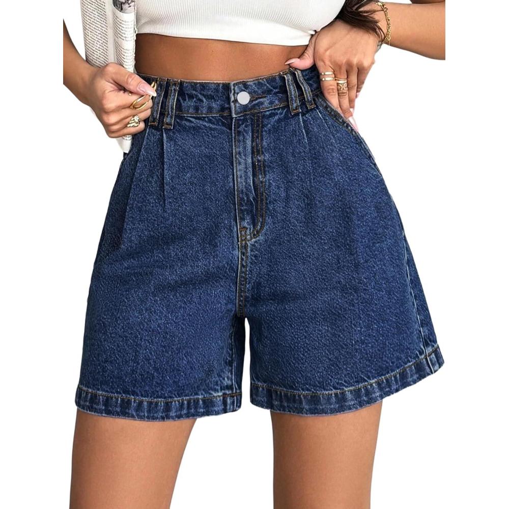 image:imageEmmiol Jean Shorts for Women High Waisted A Line Denim Shorts Stretchy 2026 Summer Casual BottomsDark Blue