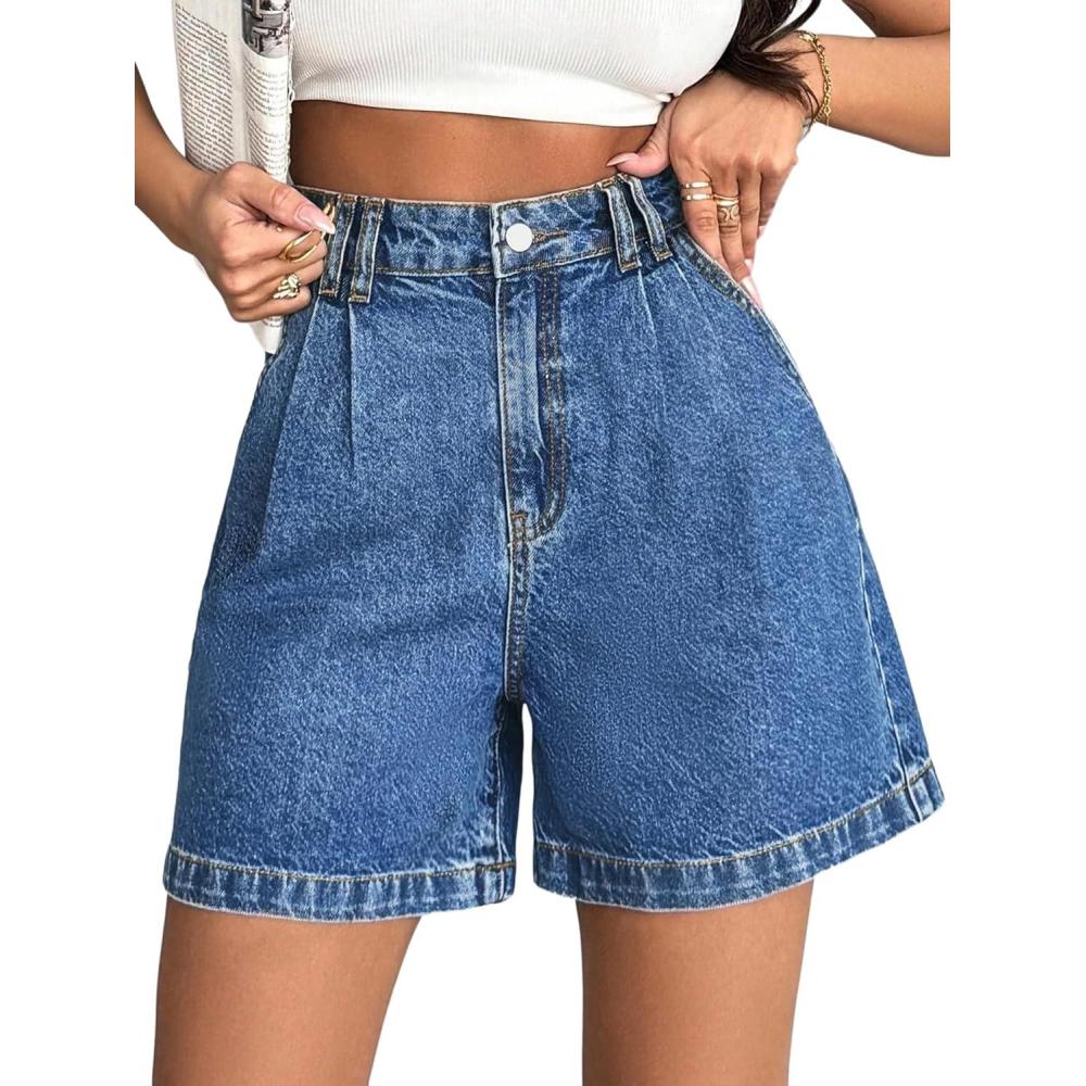 image:imageEmmiol Jean Shorts for Women High Waisted A Line Denim Shorts Stretchy 2026 Summer Casual BottomsDenim Blue