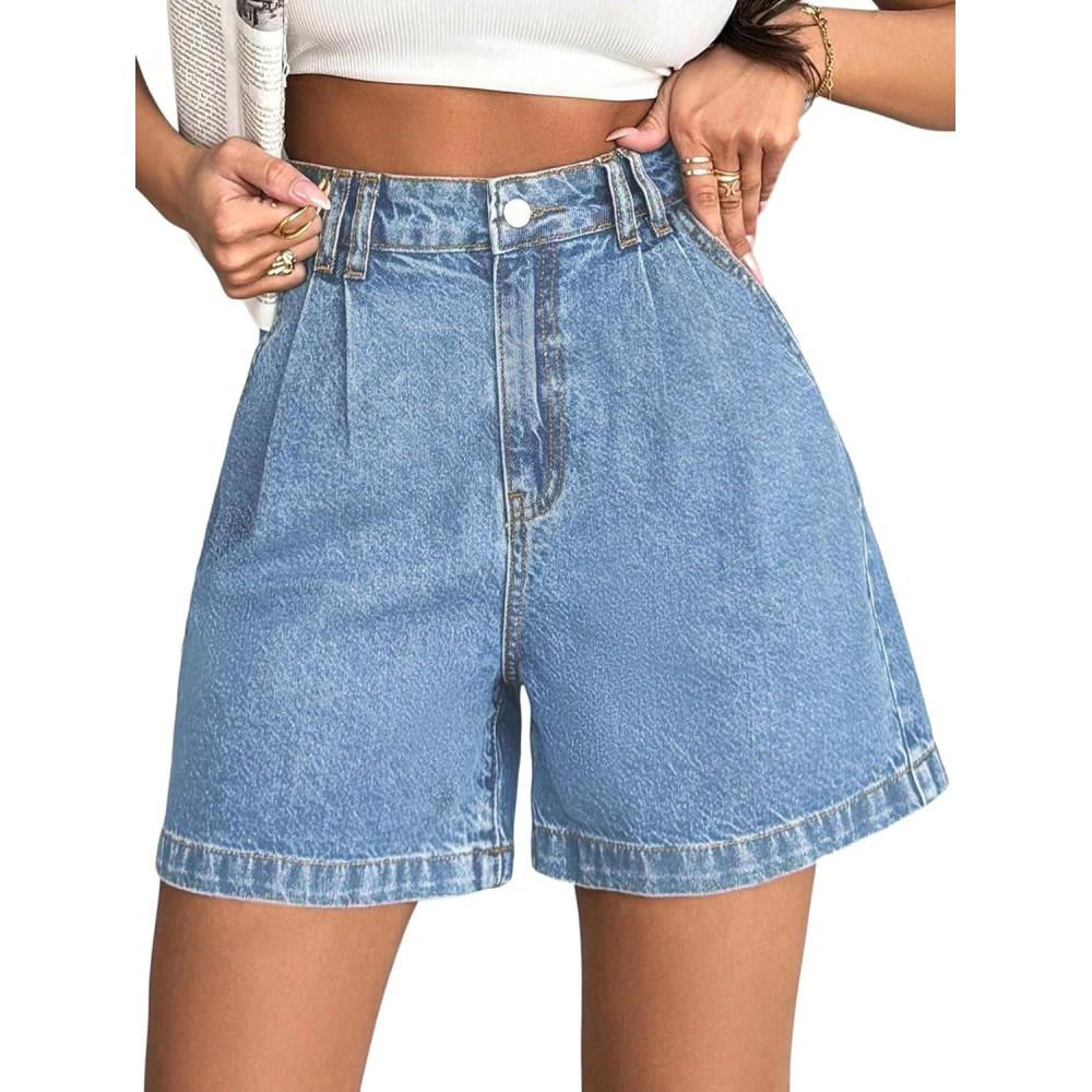 image:imageEmmiol Jean Shorts for Women High Waisted A Line Denim Shorts Stretchy 2026 Summer Casual BottomsLight Blue