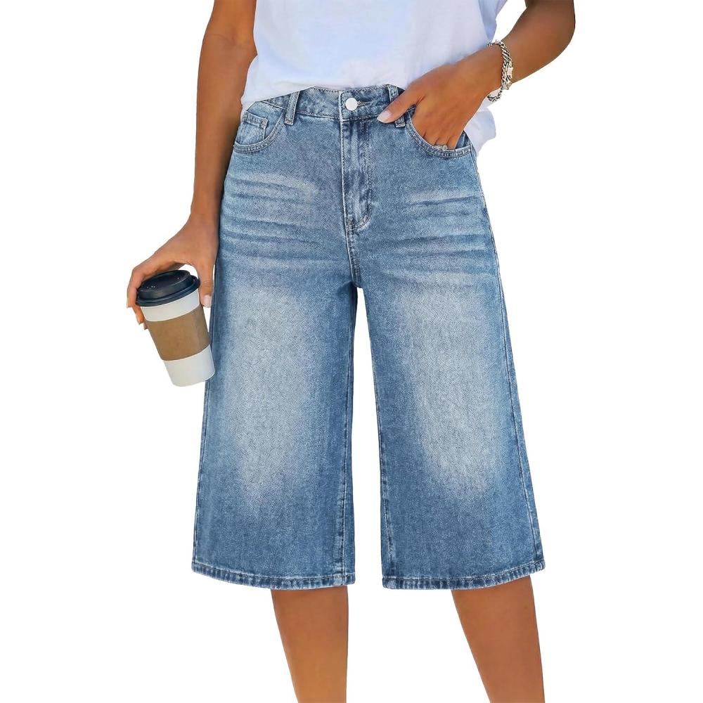 image:imageEmmiol Long Baggy Denim Jorts for Women High Waisted Knee Length Y2k Jean Shorts Wide Leg Casual Streetwear Bermuda PantsBlue
