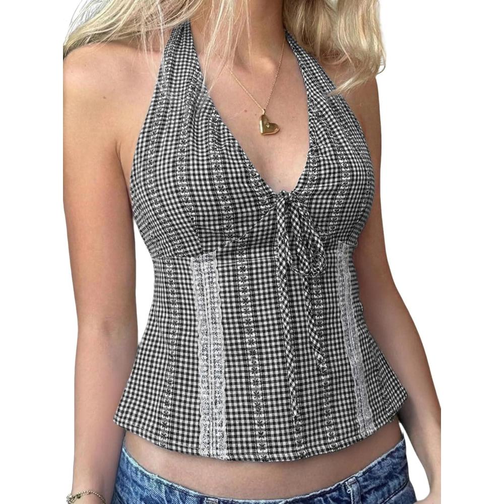 image:imageEmmiol Y2K Halter Tops for Women Sexy V Neck Backless Crop Tank Top Sleeveless Flowy Tie Up Coquette ClothesBlack01