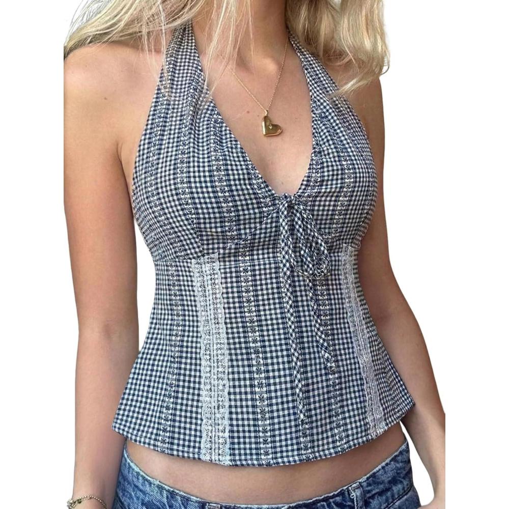image:imageEmmiol Y2K Halter Tops for Women Sexy V Neck Backless Crop Tank Top Sleeveless Flowy Tie Up Coquette ClothesBlue02