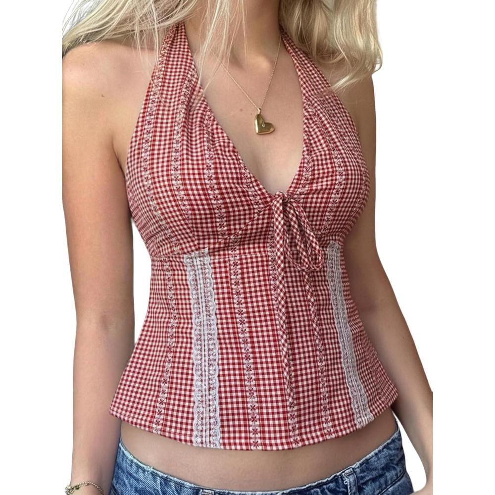 image:imageEmmiol Y2K Halter Tops for Women Sexy V Neck Backless Crop Tank Top Sleeveless Flowy Tie Up Coquette ClothesRed01