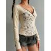 EMMIOL Y2k Fairy Grunge Long Sleeve Shirts For Women – Vintage Floral Print Graphic V Neck Crop Tops Emo Gothic Clothes(318-beige)