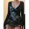 EMMIOL Y2k Fairy Grunge Long Sleeve Shirts For Women – Vintage Floral Print Graphic V Neck Crop Tops Emo Gothic Clothes(318-blue)