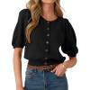 Cardigan Sweaters for Women Short Puff Sleeve Button Down Cardigans Lightweight Crew Neck Knit Tops(Black)