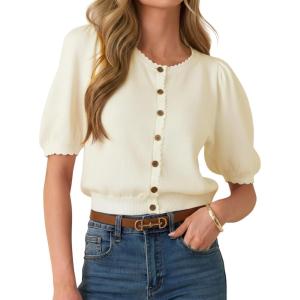 Cardigan for Women Short Puff Sleeve Button Down Cardigans Lightweight Crew Neck Knit Tops(Apricot)
