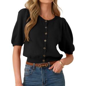 Cardigan for Women Short Puff Sleeve Button Down Cardigans Lightweight Crew Neck Knit Tops(Black)