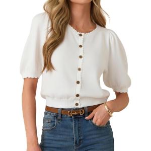 Cardigan for Women Short Puff Sleeve Button Down Cardigans Lightweight Crew Neck Knit Tops(White)