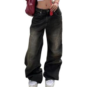 EMMIOL Baggy Jeans for Women, Mid Rise Wide Leg Jeans Plus Size Boyfriends Denim Pants, Y2K Vintage Style, Back-to-School Outfit F-Black