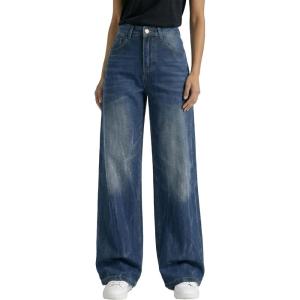 EMMIOL Baggy Jeans for Women, Mid Rise Wide Leg Jeans Plus Size Boyfriends Denim Pants, Y2K Vintage Style, Back-to-School Outfit，M