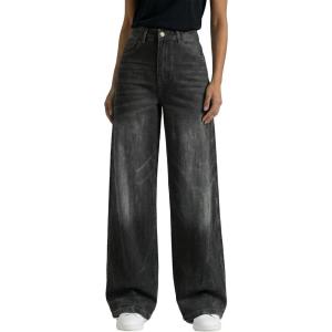EMMIOL Baggy Jeans for Women, Mid Rise Wide Leg Jeans Plus Size Boyfriends Denim Pants, Y2K Vintage Style, Back-to-School Outfit，M B-Black