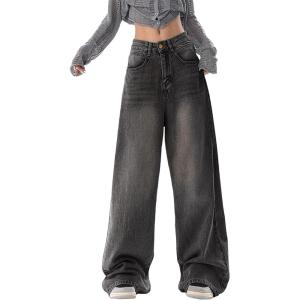 EMMIOL Baggy Jeans for Women Wide Leg Mid Waist Y2K Boyfriend Denim Pants Casual Stretch Trousers with Pocket Streetwear(Black)