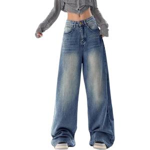 EMMIOL Baggy Jeans for Women Wide Leg Mid Waist Y2K Boyfriend Denim Pants Casual Stretch Trousers with Pocket Streetwear(Retro Blue)