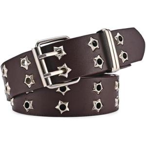 EMMIOL Cool Y2K Belt Women Black bb Belt Silver Buckle Oval D Ring Star Belts Trendy Streetwear Punk for Jeans(Coffee-star)