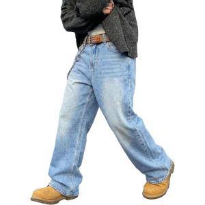 EMMIOL Mens Baggy Jeans Wide Leg, Loose Fit Straight Leg Fit Y2k Denim Pants Mid Rise Streetwear 90s Jnco(Blue 2)