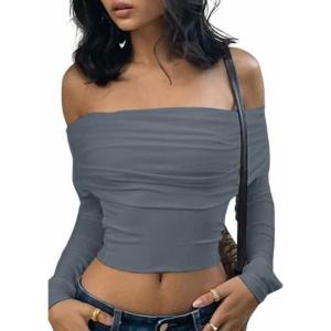 EMMIOL Y2K Clothing Women Off Shoulder Bodycon Shirts for Women Summer Long Sleeve Crop Top Blouse