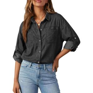 Emmiol Denim Button Down Shirt For Women – Long Sleeve Cotton Lightweight Shirts With Pockets Casual Work Jean Blouses Tops(Black)