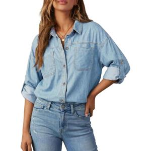 Emmiol Denim Button Down Shirt For Women – Long Sleeve Cotton Lightweight Shirts With Pockets Casual Work Jean Blouses Tops(Light Blue)