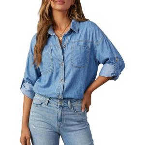 Emmiol Denim Button Down Shirt For Women – Long Sleeve Cotton Lightweight Shirts With Pockets Casual Work Jean Blouses Tops(Mid Blue)