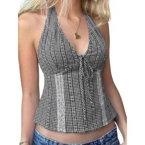 Emmiol Y2K Halter Tops for Women Sexy V Neck Backless Crop Tank Top Sleeveless Flowy Tie Up Coquette Clothes(Black01)