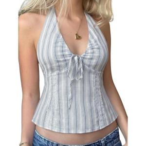 Emmiol Y2K Halter Tops for Women Sexy V Neck Backless Crop Tank Top Sleeveless Flowy Tie Up Coquette Clothes(Blue01)