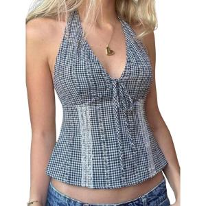 Emmiol Y2K Halter Tops for Women Sexy V Neck Backless Crop Tank Top Sleeveless Flowy Tie Up Coquette Clothes(Blue02)