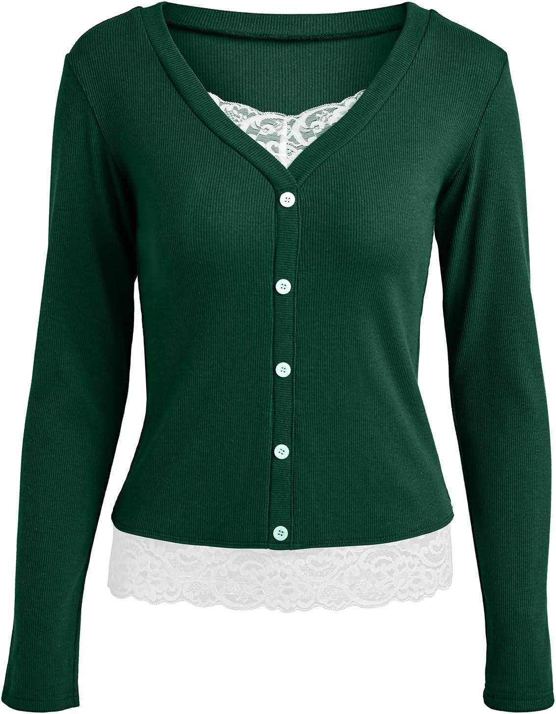 image:imageWomens Lace Long Sleeve Top Paneled Henley Shirts Y2k 2000s Fitted Going Out Tops Blouse1 Green