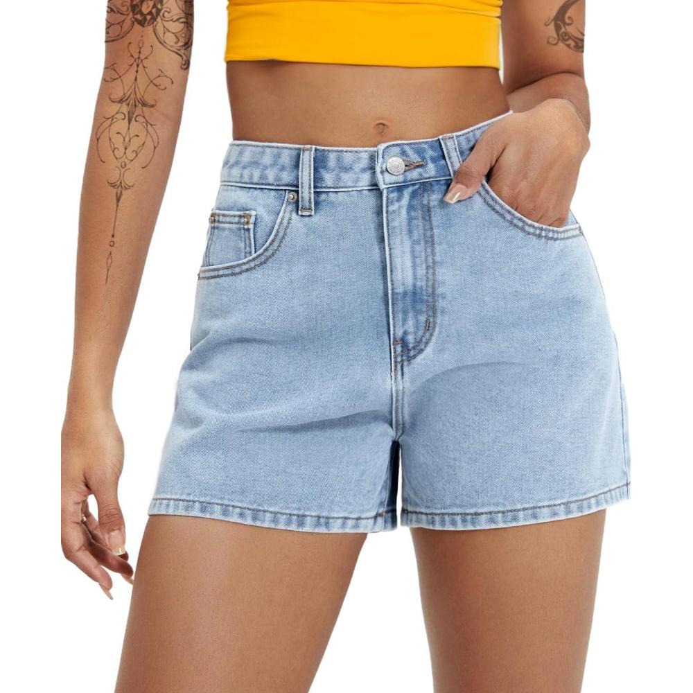 image:imageEMMIOL Women Jean Shorts HighMid Waisted Stretchy Basic Wash Solid Denim Hot Shorts Boyfriend Casual Y2k Jorts for SummerLight Blue