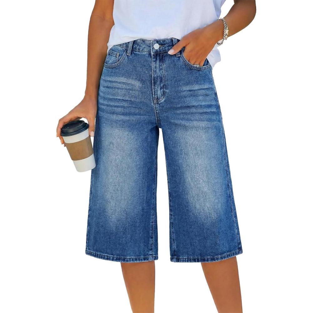 image:imageEmmiol Long Baggy Denim Jorts for Women High Waisted Bermuda Y2k Jean Shorts Wide Leg Casual Trendy Streetwear Summer PantsMid Blue