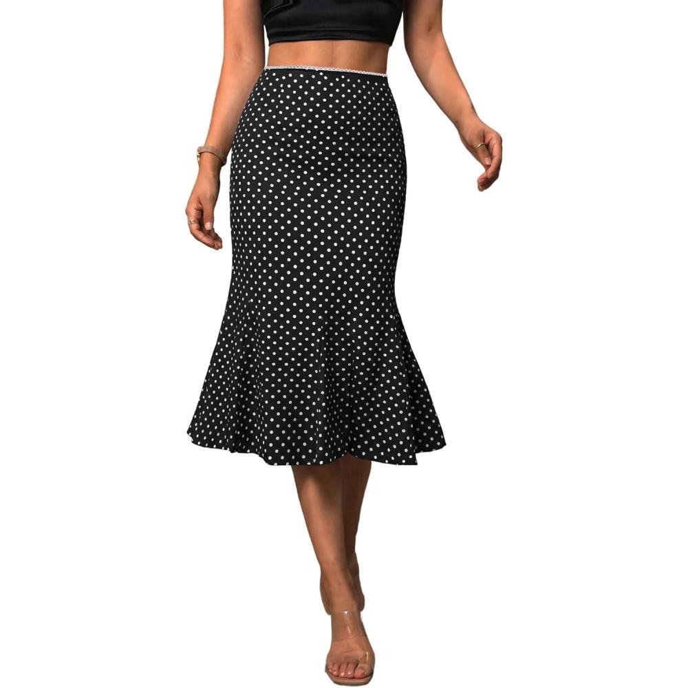 image:imageEmmiol Polka Dot Midi Skirt for Women Elastic MidHigh Waisted Flowy Hem Satin Mermaid Skirts Casual Summer Trendy ClothesBlack