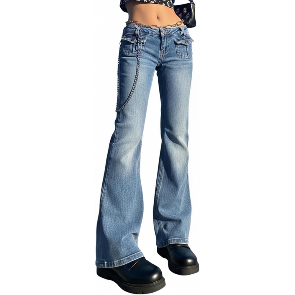 image:imageWomen Bell Bottom Jeans Lace Up Bow Stretch Flare Denim Pants Cute Y2k Vintage JeansLight Blue