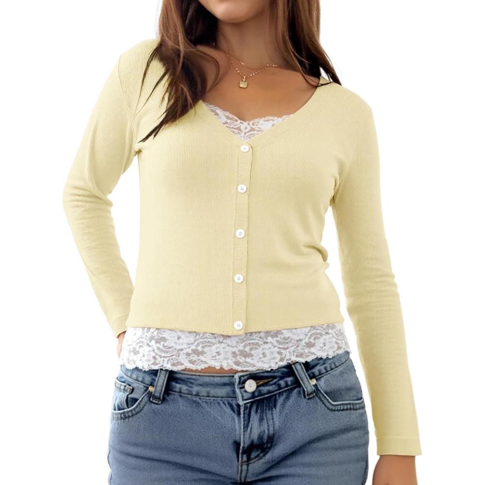 image:imageWomens Lace Long Sleeve Top Paneled Henley Shirts Y2k 2000s Fitted Going Out Tops Blouse1 Apricot
