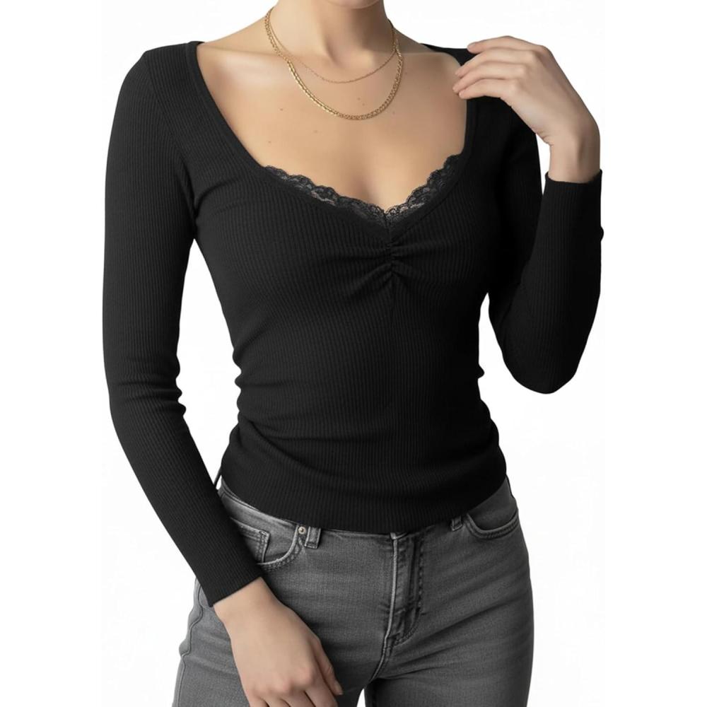 image:imageWomens Lace Long Sleeve Top Paneled Henley Shirts Y2k 2000s Fitted Going Out Tops Blouse2 Black