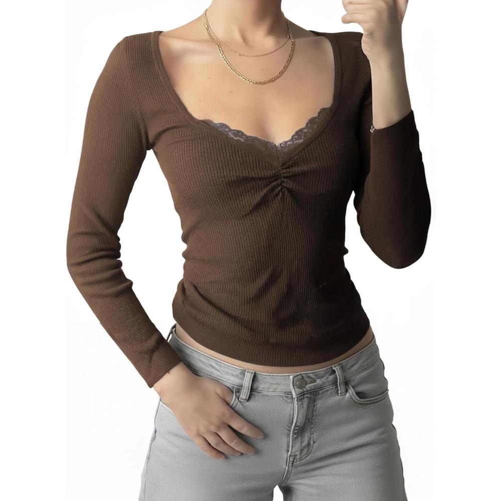 image:imageWomens Lace Long Sleeve Top Paneled Henley Shirts Y2k 2000s Fitted Going Out Tops Blouse2 Brown