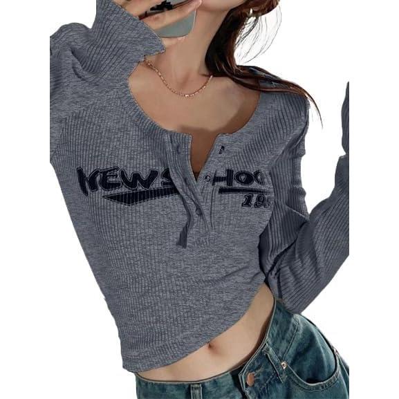 image:imageWomens Lace Long Sleeve Top Paneled Henley Shirts Y2k 2000s Fitted Going Out Tops Blouse3grey