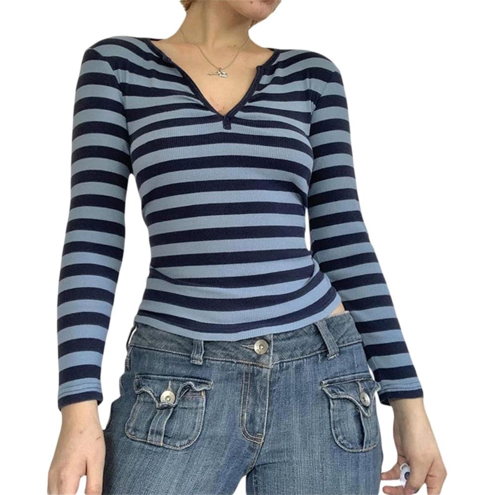 image:imageWomens Lace Long Sleeve Top Paneled Henley Shirts Y2k 2000s Fitted Going Out Tops Blouse4 Blue