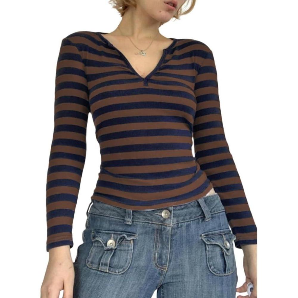 image:imageWomens Lace Long Sleeve Top Paneled Henley Shirts Y2k 2000s Fitted Going Out Tops Blouse4 Brown