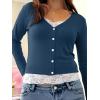 Womens Lace Long Sleeve Top Paneled Henley Shirts Y2k 2000s Fitted Going Out Tops Blouse(1 Blue)