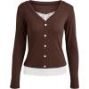 Womens Lace Long Sleeve Top Paneled Henley Shirts Y2k 2000s Fitted Going Out Tops Blouse(1 Brown)