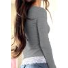 Womens Lace Long Sleeve Top Paneled Henley Shirts Y2k 2000s Fitted Going Out Tops Blouse(1 Grey)