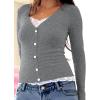 Womens Lace Long Sleeve Top Paneled Henley Shirts Y2k 2000s Fitted Going Out Tops Blouse(1 Grey)